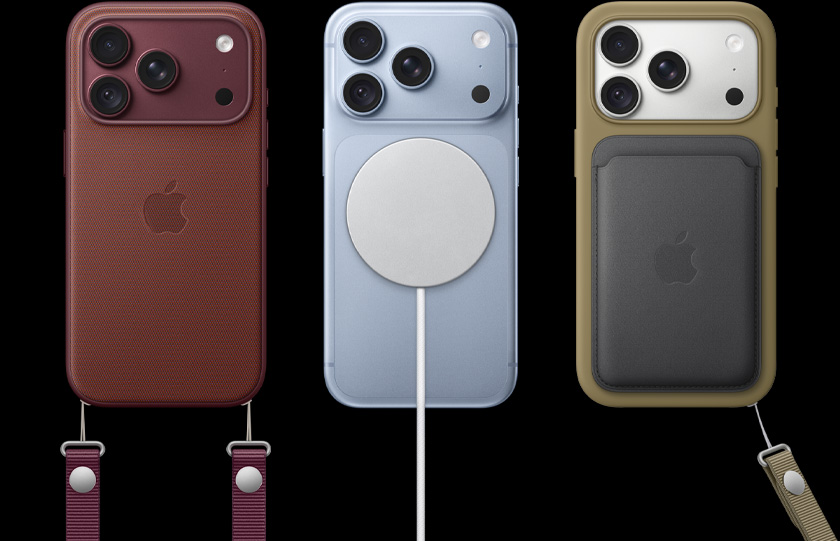 Three iPhones with a MagSafe charger, a crossbody strap and a FineWoven wallet