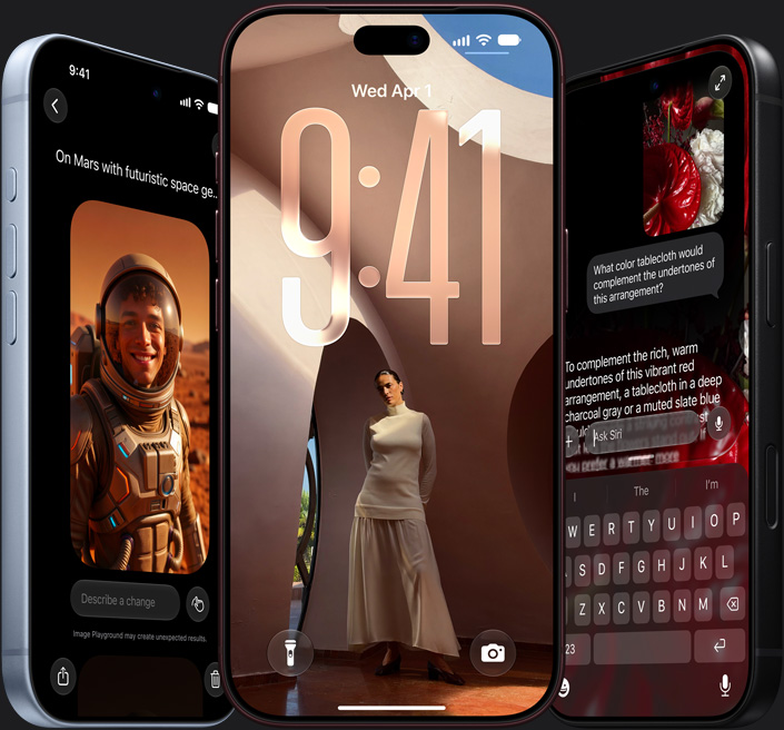 Three iPhone 18 Pro units side by side showing Image Playground, the Lock Screen and Siri