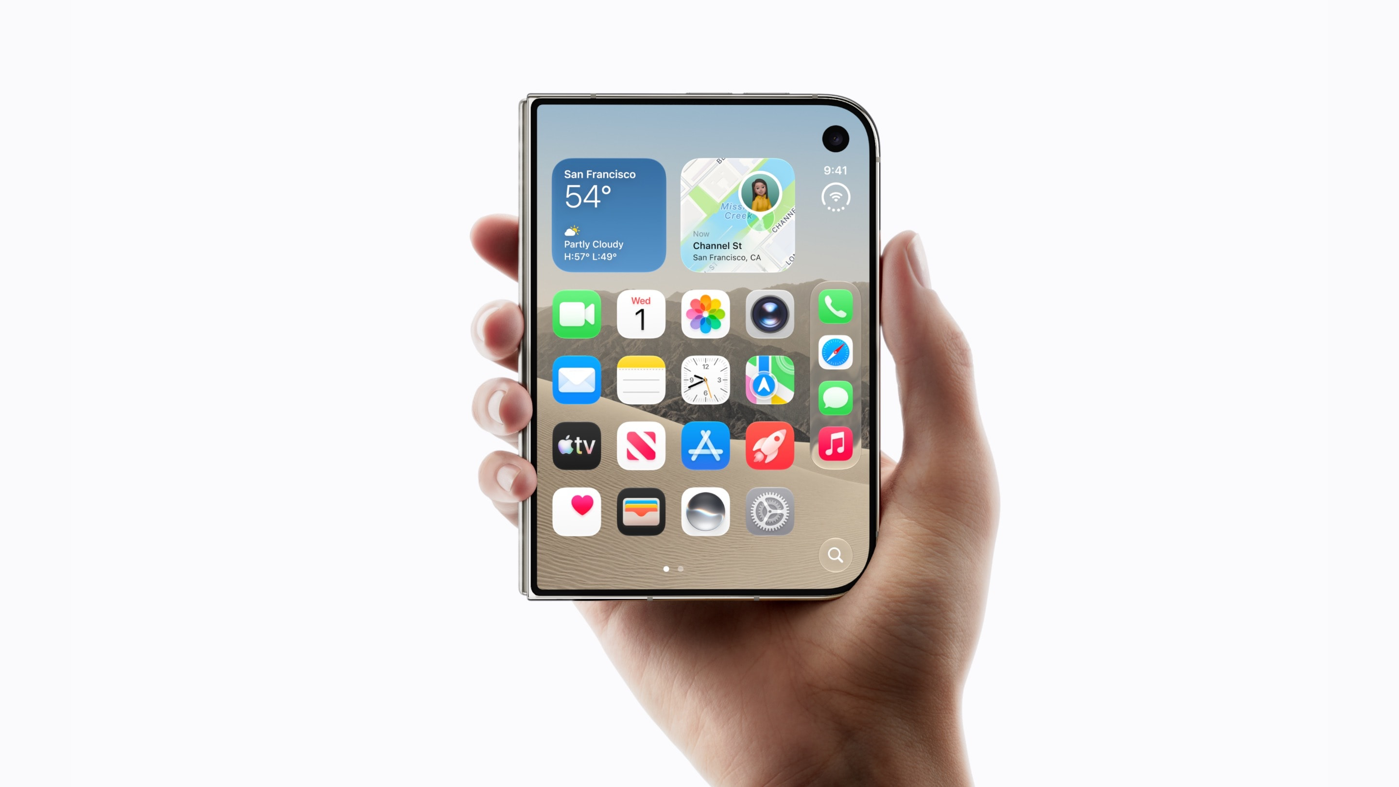 A hand holding a folded iPhone Duo, showing the outer screen with widgets and apps