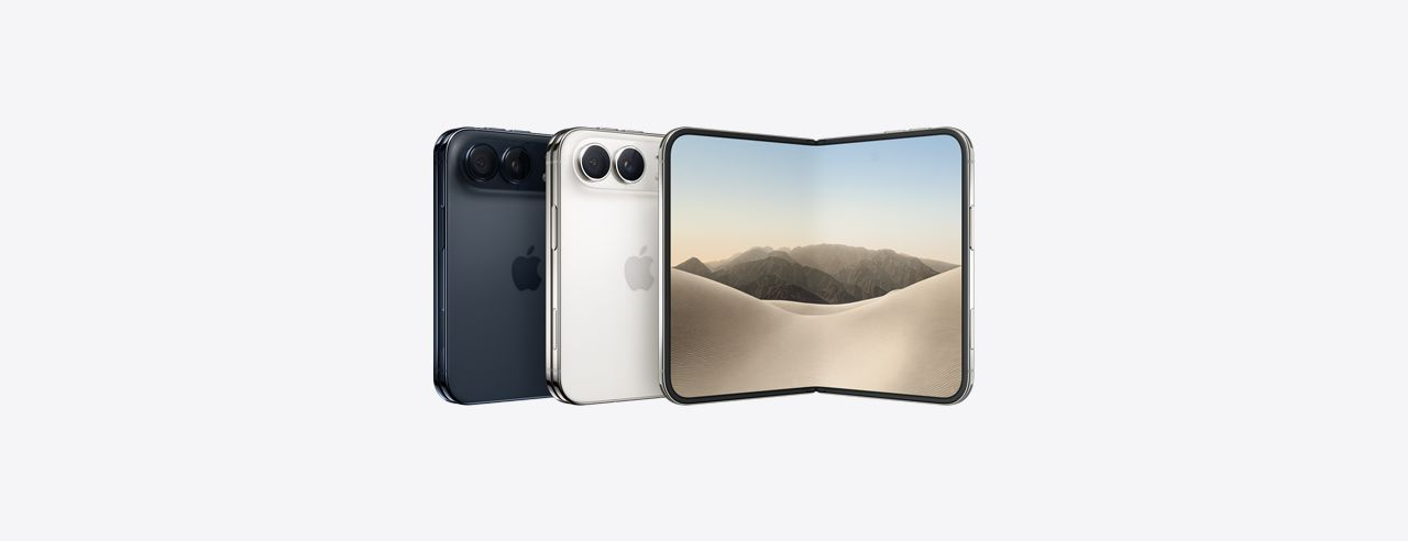 Two iPhone Duo models from the back in Night Sky and Star White, next to a third unfolded to show its inner screen