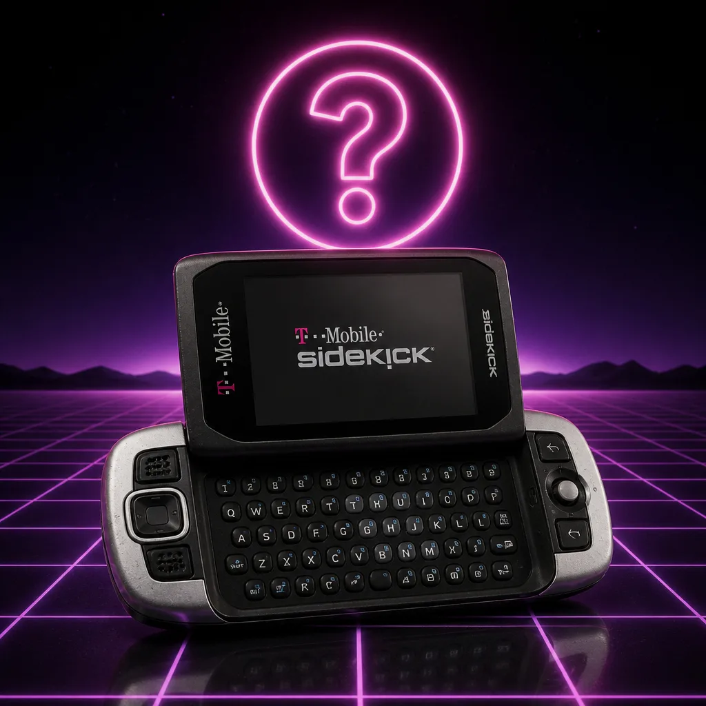 A T-Mobile Sidekick with its screen swivelled open on a neon grid background