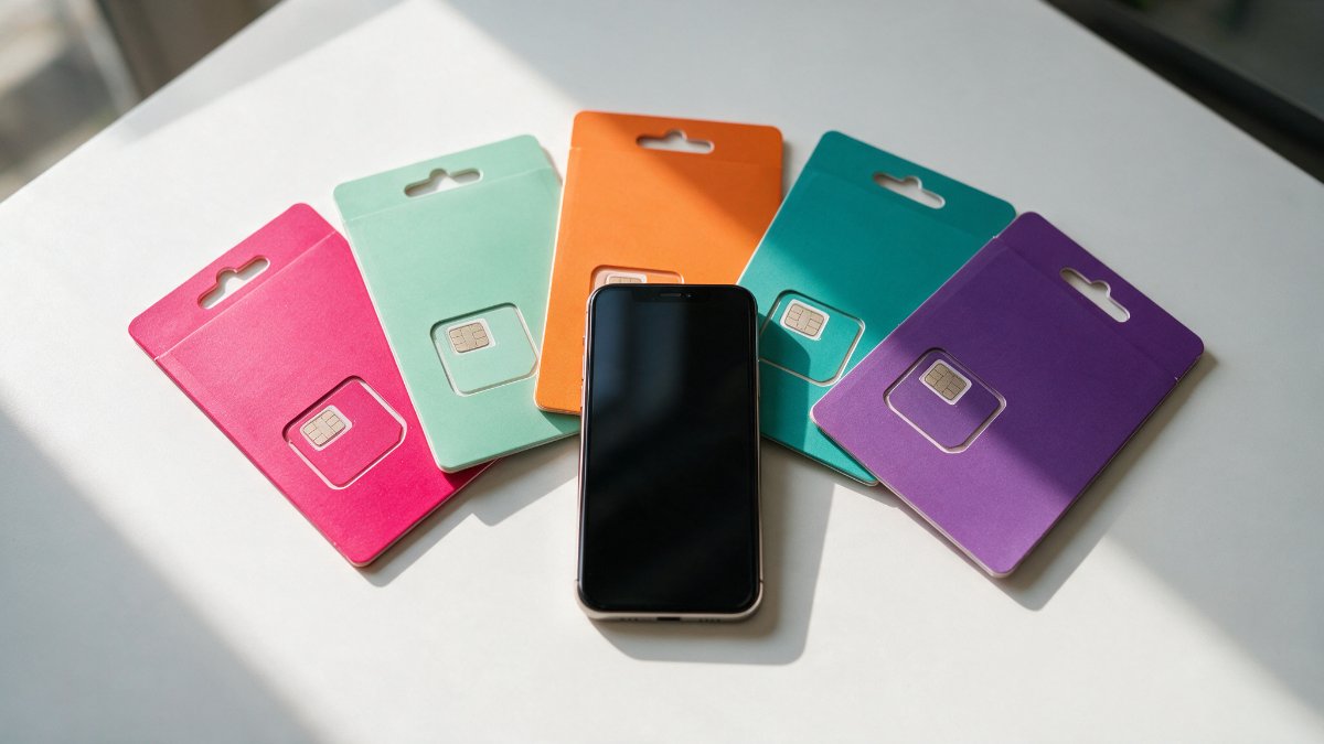 Five colorful prepaid SIM card packs fanned around a smartphone