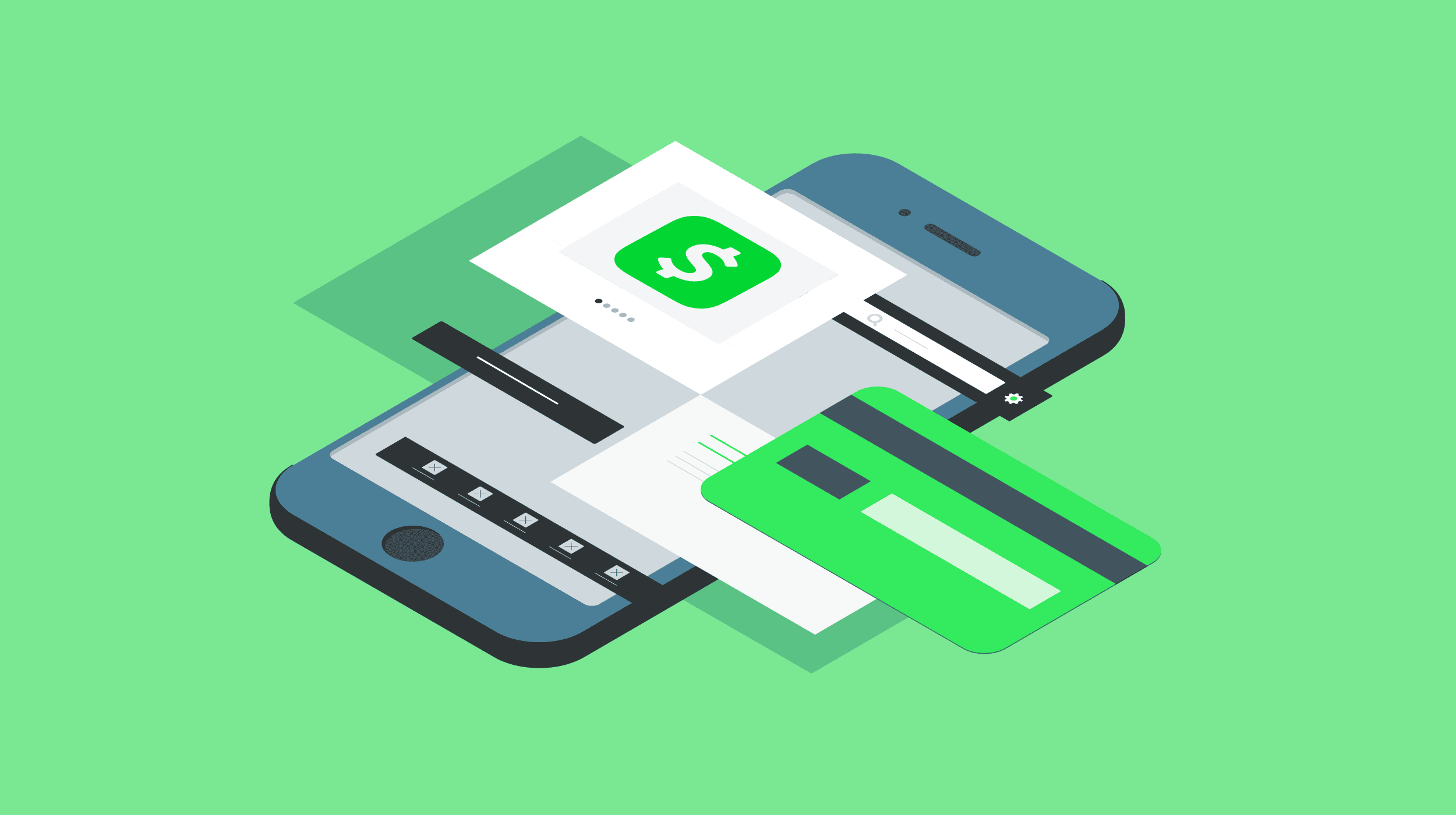 Cash App logo on a phone screen beside a Cash App card, illustrating phone service sold inside the app