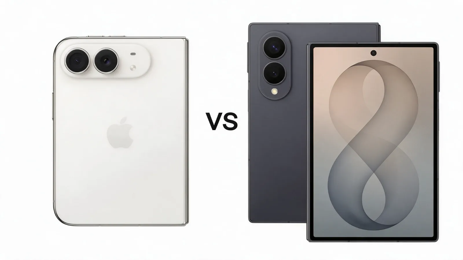iPhone Duo in white, folded, next to a Galaxy Z Fold 8 in dark gray shown folded and unfolded