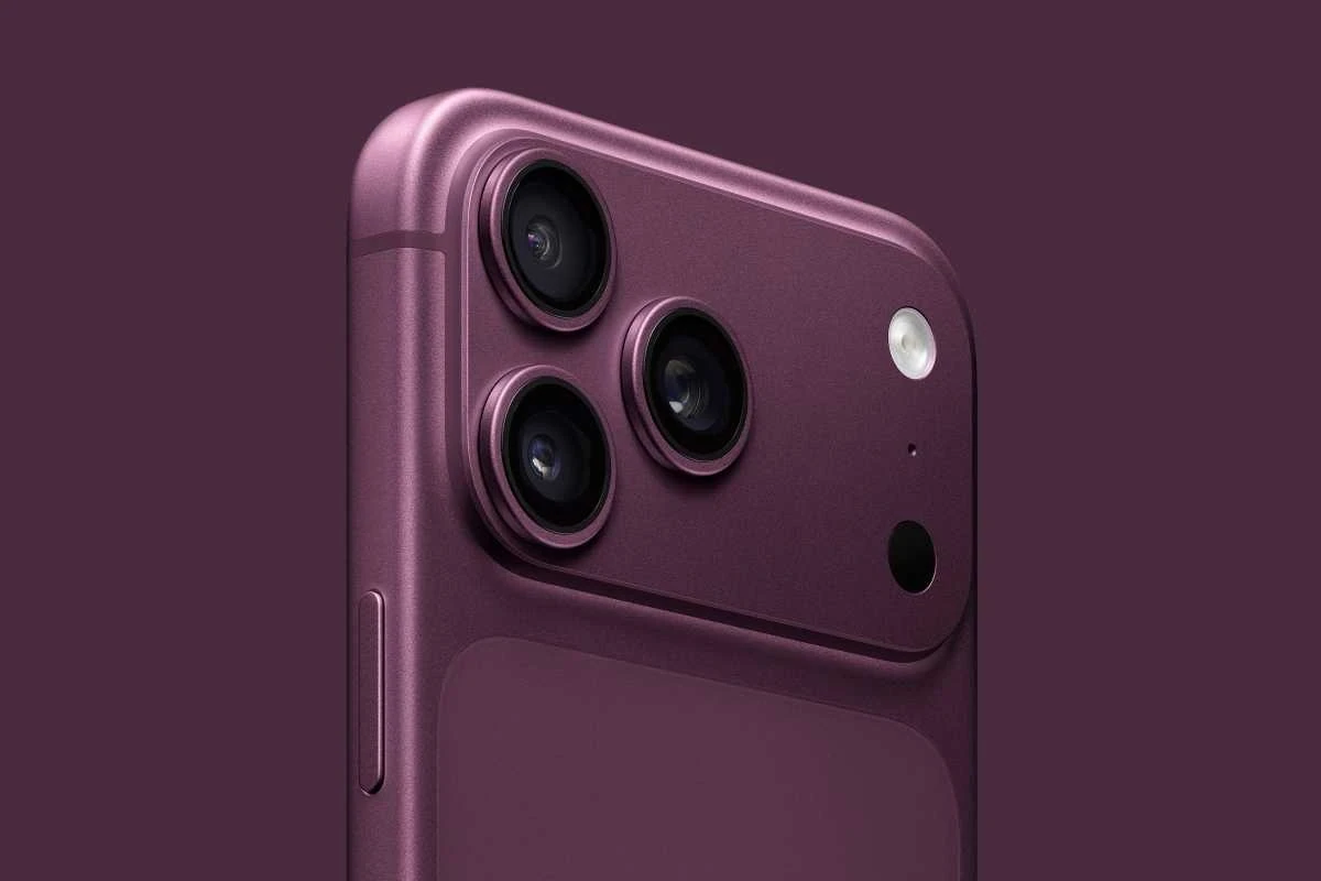 The back of a purple iPhone 18 Pro Max showing its three cameras