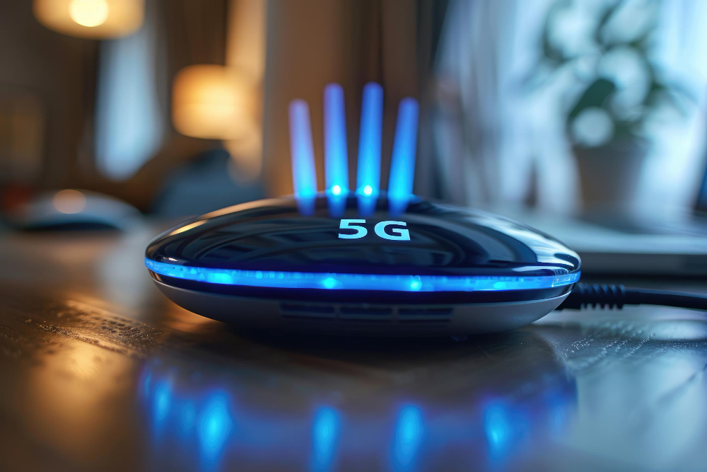A glowing 5G MiFi hotspot device on a table beside a laptop