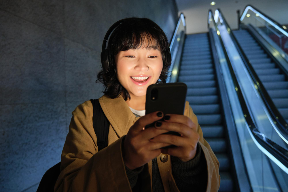 A woman in headphones smiling at her phone on an escalator