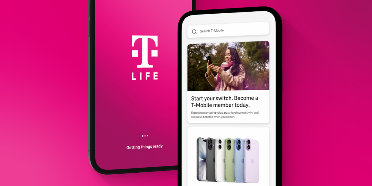 Two phones showing the T-Mobile T Life app on a magenta background