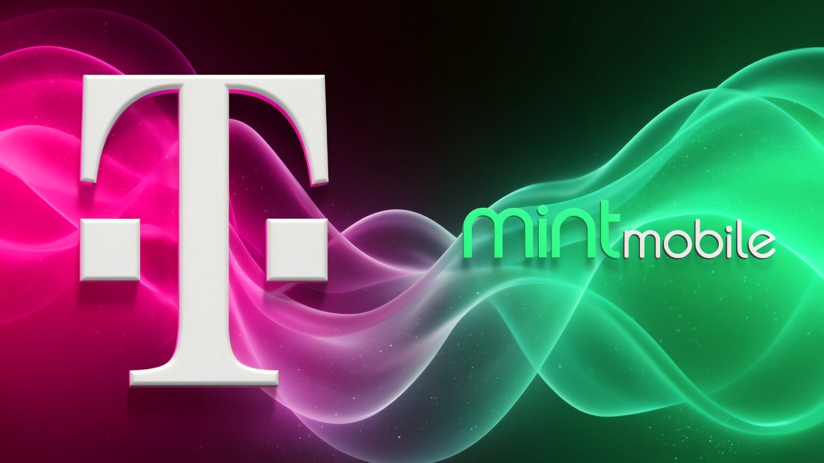 The T-Mobile and Mint Mobile logos on a magenta-to-green background
