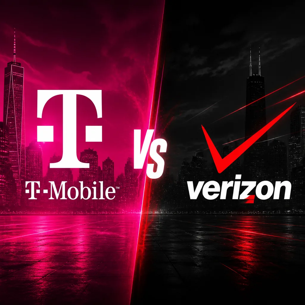 A T-Mobile and a Verizon phone side by side on a coverage map