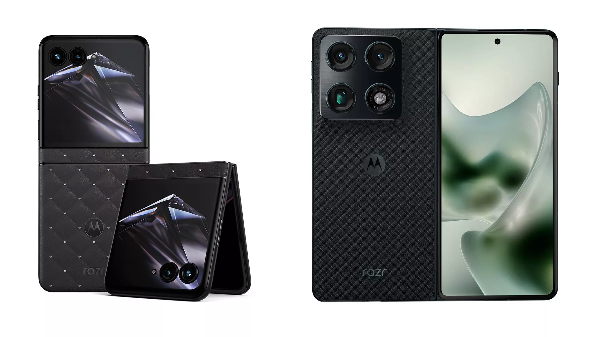 The motorola razr 2026 with Swarovski crystals, open and folded, next to the razr fold shown from the back and unfolded