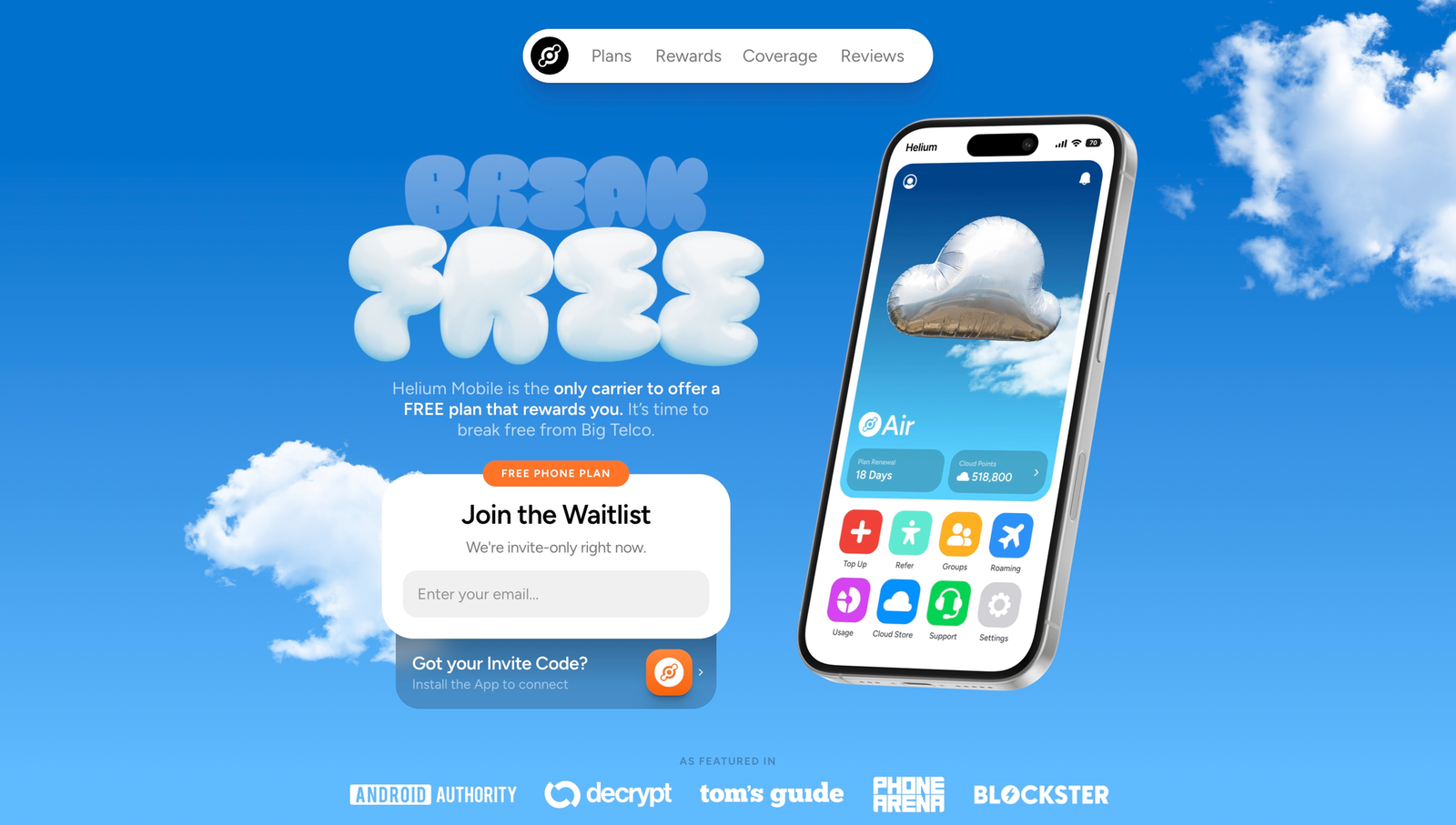 A smartphone displaying the Helium Mobile app interface next to a 5G signal icon, representing the new Zero Plan free service.